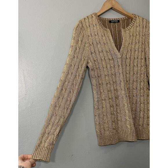 LRL Ralph Lauren Cable Knit Sweater Size Small Gold Metallic Shimmer Holiday - Picture 2 of 8